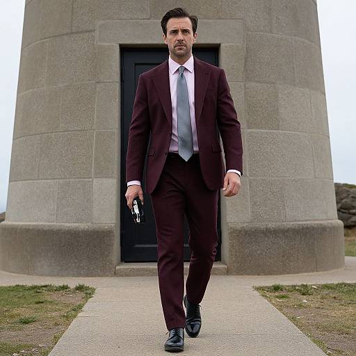 Photograph of a serious, dark-haired man in a dark brown suit, white shirt, and tie, holding a gun, walking towards a stone building