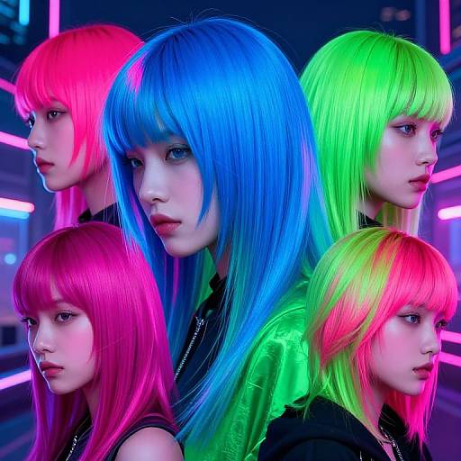 Photograph of five young women with neon blue, pink, green, and multicolored hair, standing in front of neon-lit background, wearing