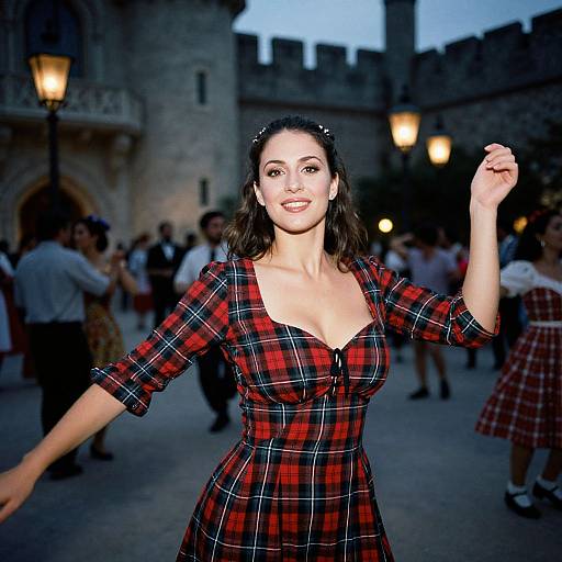 Photograph of a smiling woman with dark hair in a red plaid dress, raising her right arm, in a castle courtyard at dusk, surrounded by