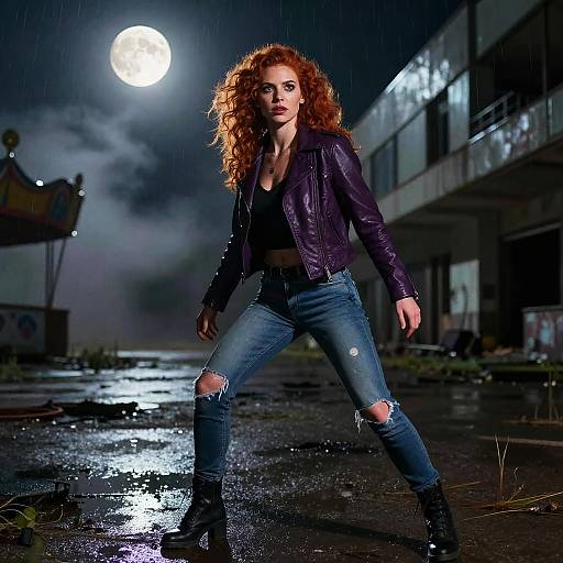 Photograph of a confident, curly-haired woman in a purple leather jacket and ripped jeans, standing in a rainy, moonlit industrial area, with a