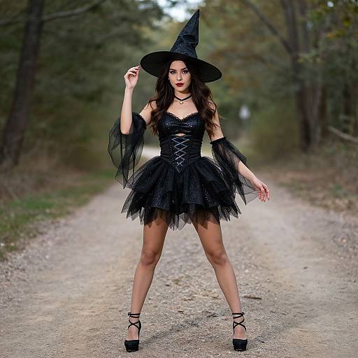 Photograph of a young woman in a black witch costume with a pointy hat, lace-up corset, tulle skirt, and high heels,