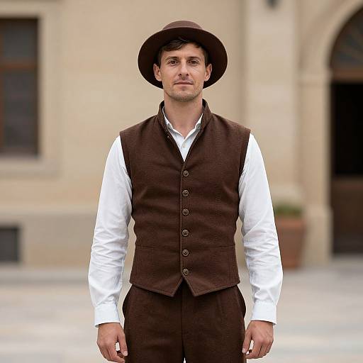 Photograph of a white man with short dark hair, wearing a brown vest, white shirt, brown pants, and brown hat, standing in front of