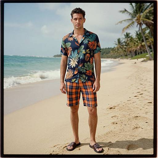 Photograph of a muscular man with short dark hair, wearing a floral Hawaiian shirt, plaid shorts, and sandals, standing on a sunny tropical beach