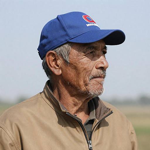 Contemplative Rugged Man in Blue Cap