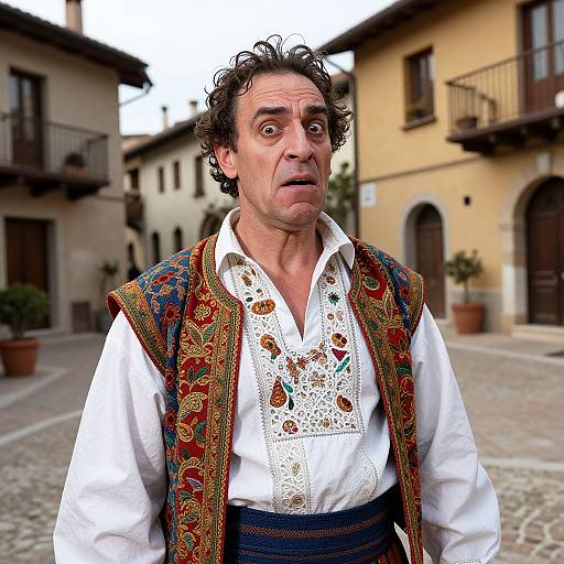 Photograph of a middle-aged man with curly dark hair, wearing a white embroidered shirt and colorful traditional vest, standing in a cobblestone courtyard with