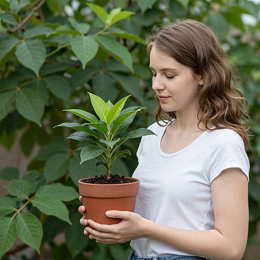 Young woman with wavy brown hair and white shirt, holding small green plant in terracotta pot, against lush green background.