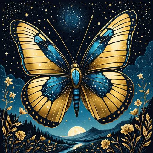 Electric Butterfly with Gold Leaf in Night Sky