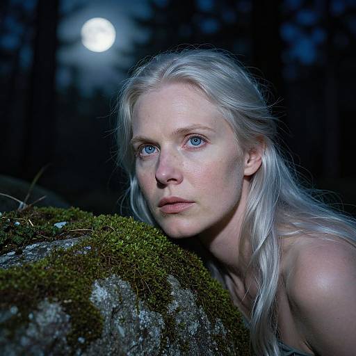 Photograph of a pale-skinned, blue-eyed woman with long white hair, looking intently at the camera, illuminated by a full moon in a