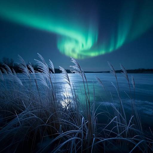 Photograph of icy grass in the foreground, with vibrant green and blue auroras reflecting on a frozen lake at night.