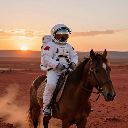 Photograph of astronaut in white spacesuit riding brown horse across red desert at sunset, with orange sky and sun low on horizon.