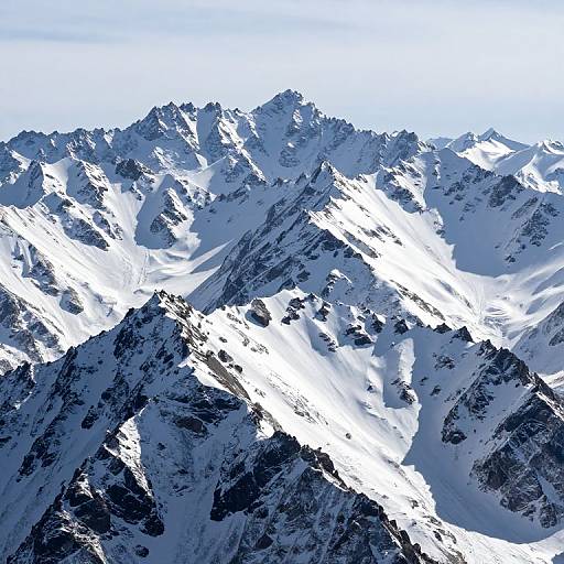 Photograph of a rugged, snow-covered mountain range with sharp peaks and dark rocky outcrops, illuminated by bright sunlight under a clear, blue sky