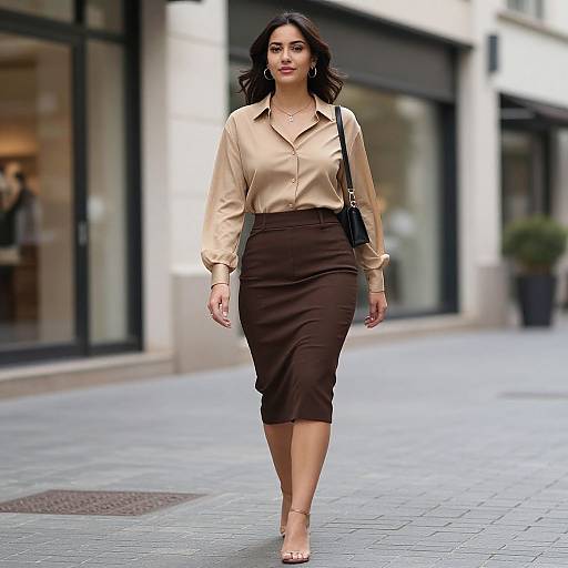 Photograph of a confident woman with dark hair, wearing a beige blouse and brown pencil skirt, walking on a city sidewalk.