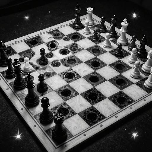 Black-and-white photograph of a chessboard with black and white pieces, sparkling stars around, and a dark, textured background.