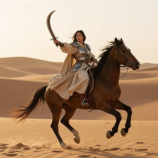 Photograph of a fierce warrior woman with dark hair, holding a curved sword, riding a galloping dark brown horse in a golden desert.