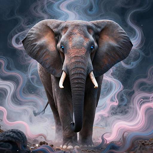 Digital art of a majestic elephant with glowing blue eyes, white tusks, surrounded by ethereal, swirling blue and pink smoke.