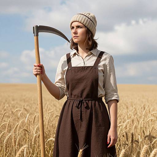 Photograph of a young woman in a beige beanie, white shirt, and black apron, holding a scythe in a golden wheat field under