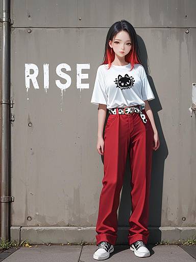 Young Woman in Casual Red Pants and Graphic T-Shirt