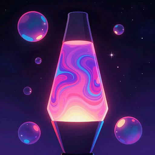 Glowing, neon-lit, hexagonal lamp with swirling pink and blue patterns, surrounded by floating, translucent bubbles in a starry, dark