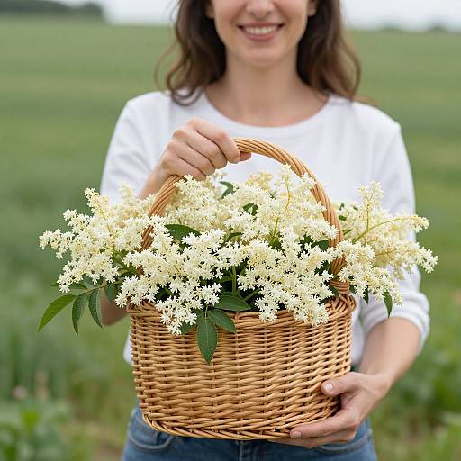Photograph of a smiling woman with wavy brown hair, wearing a white long-sleeve shirt, holding a wicker basket filled with white wild