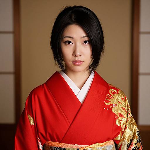 Asian Woman in Red Gold Kimono
