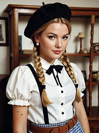 Young Woman in Vintage French Beret and Twin Braids