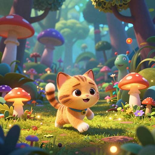 Whimsical digital illustration of a cute, orange tabby kitten with a blue collar, joyful in a vibrant, enchanted forest filled with colorful mushrooms and