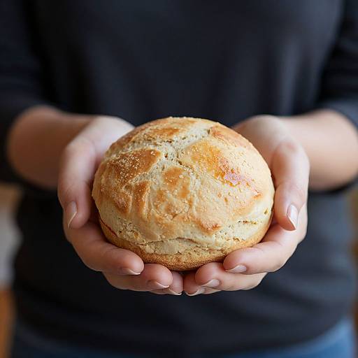 Photograph of a person's hands holding a golden-brown, flaky, round bread roll, with a dark blue shirt in the background.