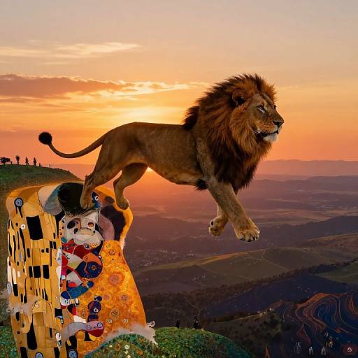 Photorealistic digital art of a majestic lion mid-leap over a surreal, colorful, Cubist-style cliff against a vibrant sunset sky.