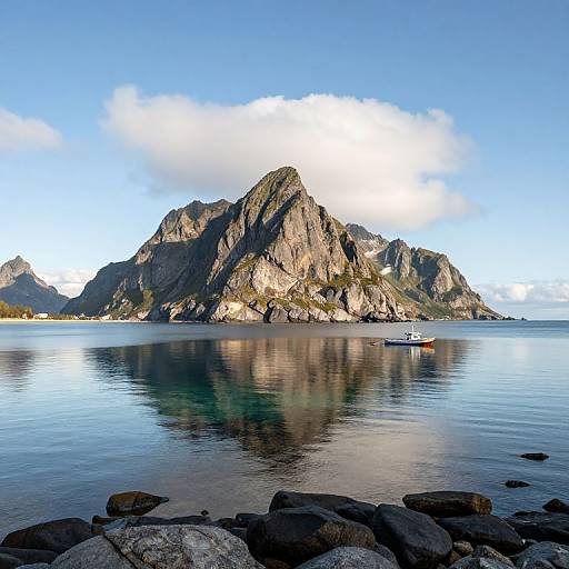 Photograph of a rugged mountain reflected in a calm, blue ocean with clear skies, a small white boat in the distance, and rocky shore in the