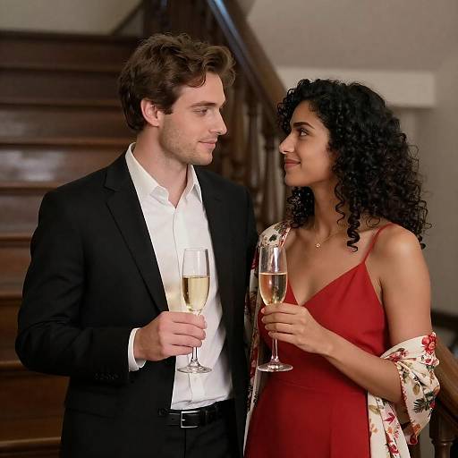 Elegant Couple Toasting on Staircase