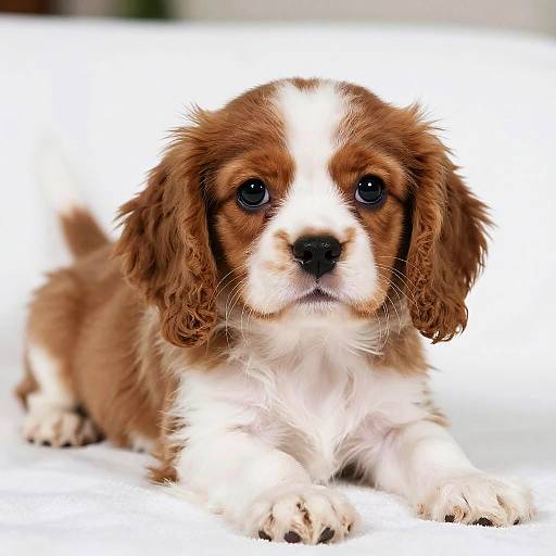 Photograph of an adorable, brown-and-white Cavalier King Charles Spaniel puppy with large, expressive eyes, lying down on a white surface.