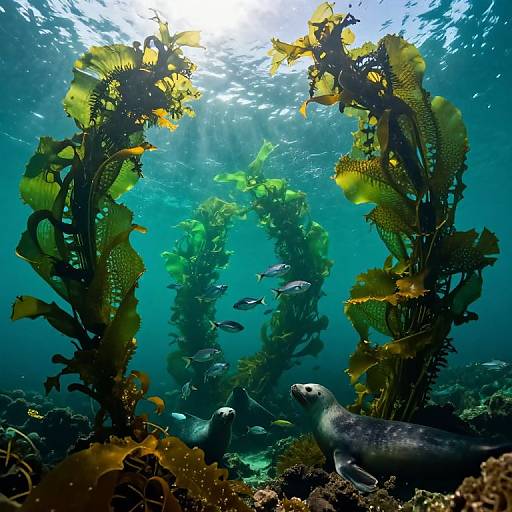 Photograph of underwater scene with sunlit, vibrant yellow-green seaweed, various small fish, a large sea turtle, and colorful coral.