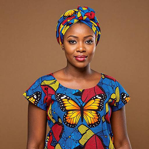 Photograph of a beautiful African woman with dark skin, wearing a vibrant blue and red butterfly-patterned dress and matching headwrap, set against a brown
