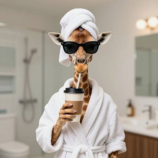 Photograph of a giraffe in a white bathrobe, wearing black sunglasses, holding a coffee cup, standing in a modern bathroom.