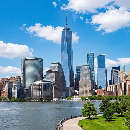 Photograph of New York City skyline with One World Trade Center towering above, surrounded by blue sky and white clouds, with Hudson River and green park in