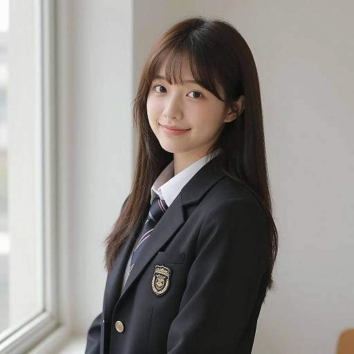 Asian Student in School Uniform by Window