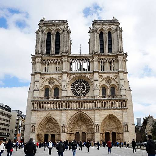 Photograph of Paris's Notre-Dame Cathedral, showcasing its iconic twin bell towers, intricate rose window, and three large arched entrances, with people