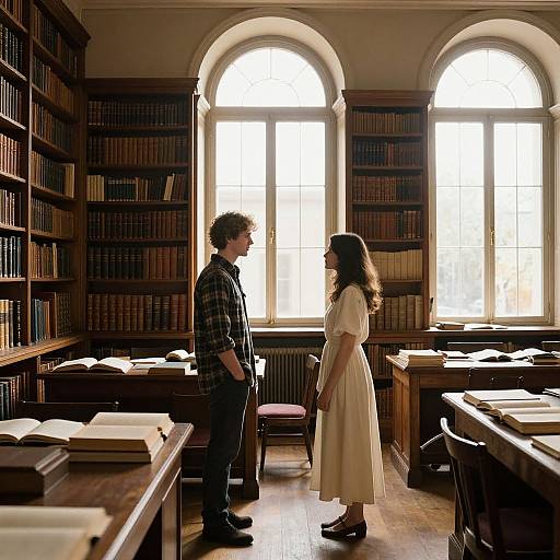 Photograph of a sunlit library with tall arched windows; a curly-haired man in a plaid shirt faces a woman in a white dress standing