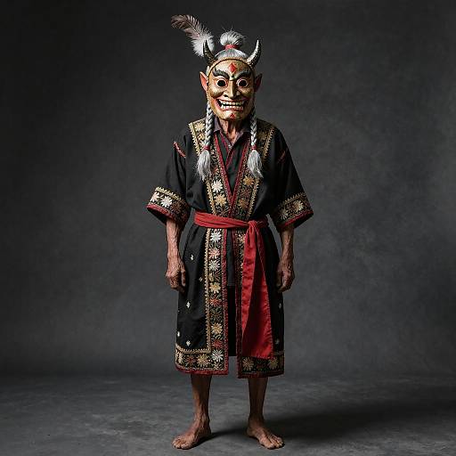Photograph of an elderly, barefoot man in traditional, ornate black robe with red sash, white and black feathered headpiece, and