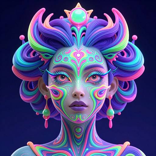 Digital art of a woman with vibrant, neon-colored face paint, intricate hair curls, and glowing accessories against a dark blue background.