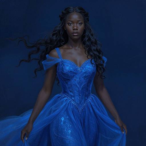 Photograph of a stunning Black woman with long, wavy hair, wearing a shimmering, blue, off-shoulder ball gown, against a