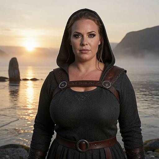 Confident Viking Woman at Fjord Sunset