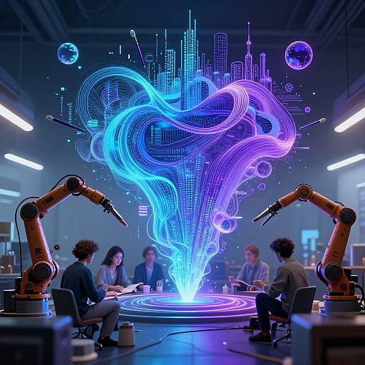 Photograph of four diverse professionals sitting in a modern lab, surrounded by glowing blue and purple holographic data spirals, with robotic arms on either side