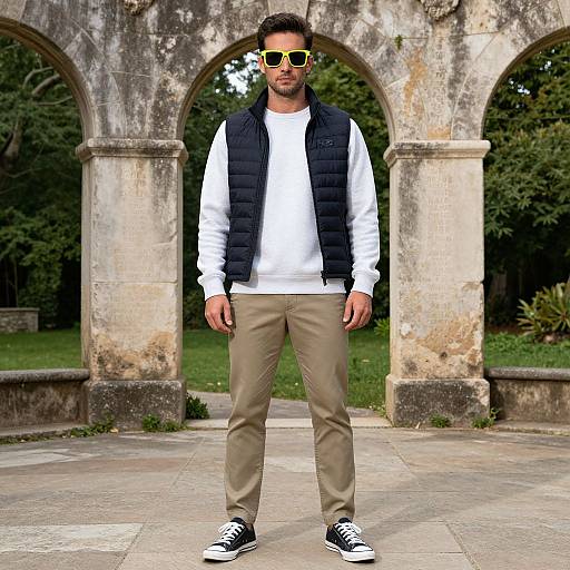 Photograph of a man in white shirt, black puffer vest, beige pants, black Converse, yellow sunglasses, standing in front of ancient stone