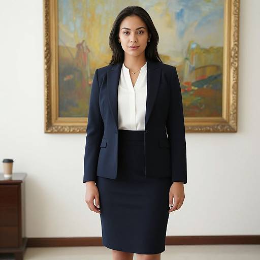 Photograph of a confident woman with long black hair, wearing a black blazer and pencil skirt over a white blouse, standing in front of a large