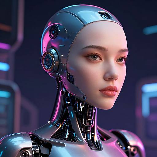Photorealistic CGI of a beautiful female android with a silver metallic head, glowing pink and blue lights, and smooth, pale skin, set against a