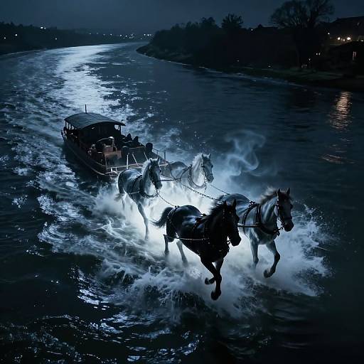 Photograph of a nighttime scene showing a horse-drawn carriage splashing through illuminated, turbulent water, with dark silhouetted trees in the background