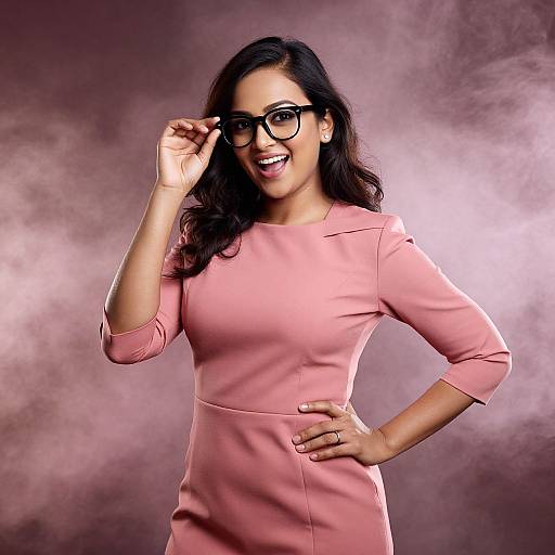 Photograph of a smiling South Asian woman with long dark hair, black glasses, and a pink dress, adjusting her glasses against a smoky purple background