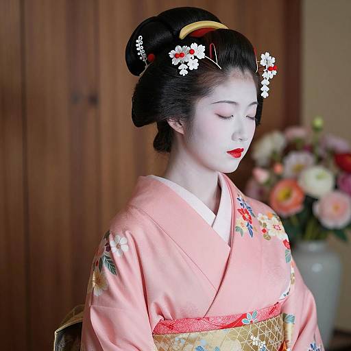 Traditional Japanese Geisha in Pink Kimono