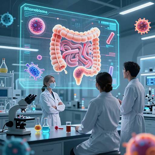 Photograph of three scientists in lab coats, standing in a modern, brightly lit laboratory with glowing holographic diagrams of cells and organs on a screen behind